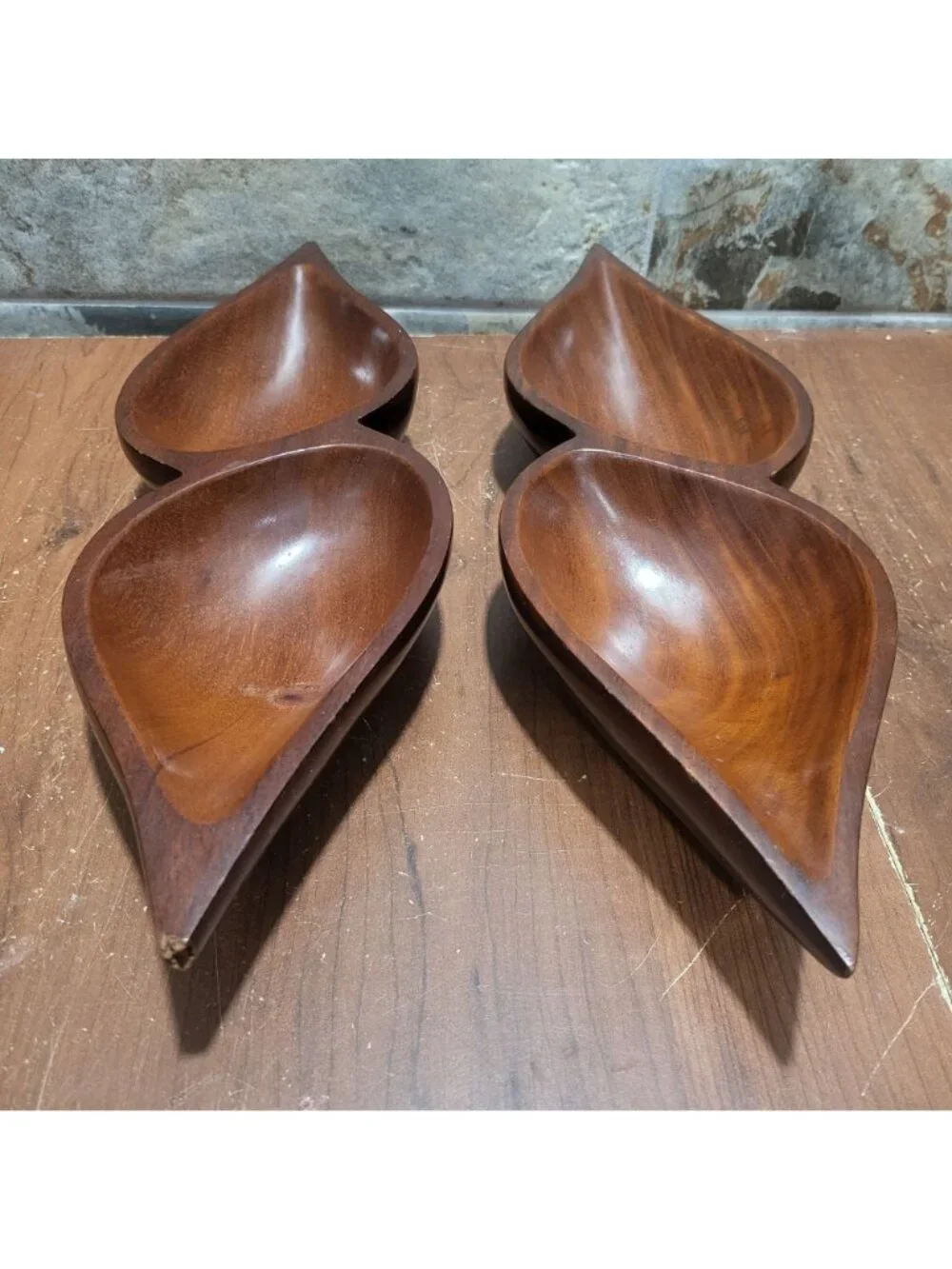 Vintage MCM Monkey Pod Wood 2 Compartment Divided Serving Dish Tray Set of 2